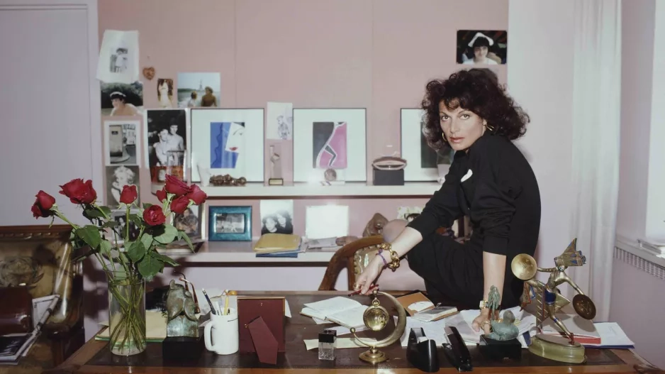 Belgian born American fashion designer Diane Von Furstenberg in her studio, April 1987.