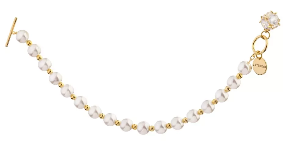 Apart, pozlacený náramek z mosazi se zirkony a perlami