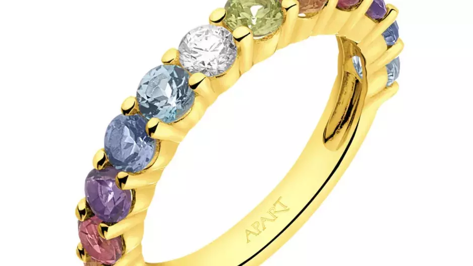 Prsten ze žlutého zlata s briliantem a ozdobnými kameny Prsten ze žlutého zlata s briliantem a ozdobnými kameny